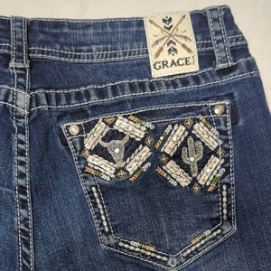 Grace In LA Flare Leg Blue Jeans with Embellished Pocket Women's Size 30